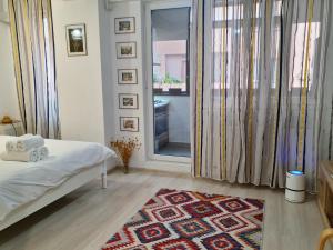 ein Schlafzimmer mit einem Bett, einem Fenster und einem Teppich in der Unterkunft Apartament cu o camera Happy Color, Free Parking in Roşu + 29 Fotos