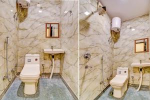 two photos of a bathroom with two toilets and a sink at Hotel O Friendship Inn in New Delhi +23 photos