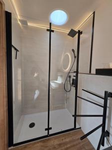 een douche met een glazen deur in een badkamer bij Ferienwohnung Glücksquelle in Bad Pyrmont +25 foto's