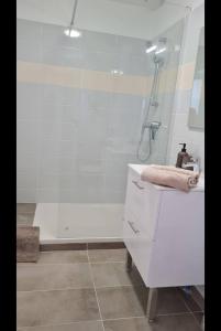 a white bathroom with a shower and a sink at 4- Hypercentre, FREE Parking, Clim, Wifi, Netflix in Libourne