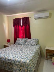 a bedroom with a bed and a red window at Sasha’s Holiday Home Oistins Barbados in Christ Church +8 photos