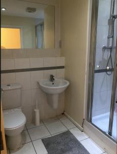 ロンドンにあるEn suite double roomのトイレ、洗面台、シャワー付きのバスルーム