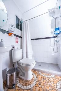 a white bathroom with a toilet and a shower at Atacama Cottage in San Pedro de Atacama