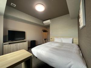 a bedroom with a bed and a flat screen tv at Hotel Route Inn Suzaka in Suzaka