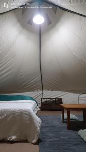 a bedroom with a tent with a bed and a table at ฤดูกาลเขาค้อ in Khao Kho