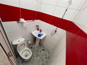 a small bathroom with a toilet and a sink at Apartamentos t2 centro in Tarrafal +16 photos