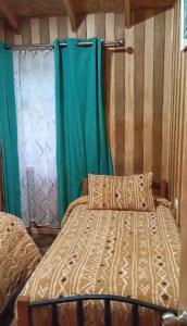a bed in a room with a green curtain at Patagon karim in Puerto Cahacabuco