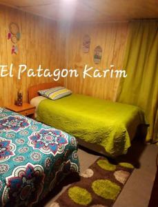 a room with two beds with green sheets and a rug at Patagon karim 2 in Puerto Cahacabuco