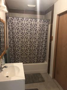 un baño con ducha y lavabo en Scout Lake Adventures - LAKE FRONT fishing avail, en Soldotna