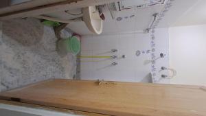 a bathroom with a shower and a wooden counter top at Jagman Homestay and Beds for Group or Individuals in Kota