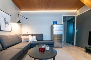 a living room with a couch and a table at Aurinkorinne 2 - Modern 2BD & Loft, free wifi & sauna in Syöte +34 photos
