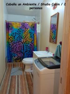 a bathroom with a shower curtain and a toilet at Cabañas Coñaripe in Coñaripe +48 photos