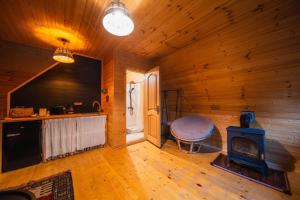 a living room with a stove in a cabin at A villa in nature in Sindietʼi