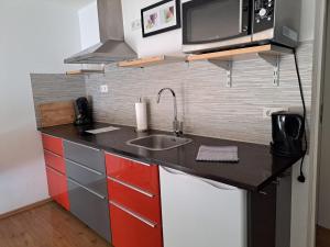 a small kitchen with a sink and a microwave at Apartment Wesseling Zentrum Nauerz in Wesseling