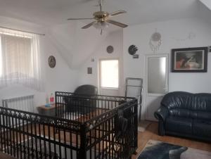 ein Wohnzimmer mit einem Deckenventilator und einem Sofa in der Unterkunft Leonardo GuestHouse Available in Sibiu