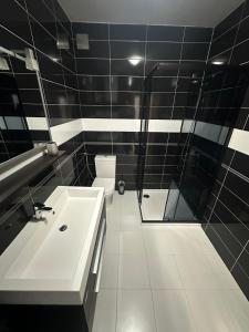 a black and white bathroom with a shower and a sink at Apartman Surya Medulin in Medulin +20 photos