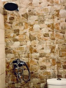 a bathroom with a stone wall next to a toilet at Villa Athina 1 in Serres