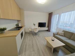 a kitchen and living room with a couch and a table at Korczaka Apartment in Elblag