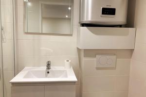 a white bathroom with a sink and a mirror at Grand studio Loïse in Chambéry