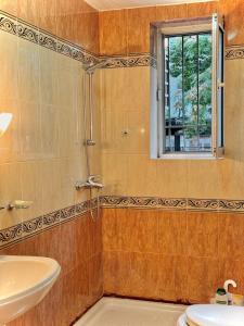 ティラナにあるGarden Apartmentsのシャワーと洗面台付きのバスルーム