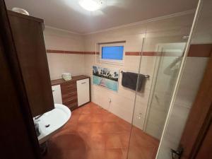 a bathroom with a toilet and a sink and a shower at Panorama Apartments Semslach in Obervellach +36 photos