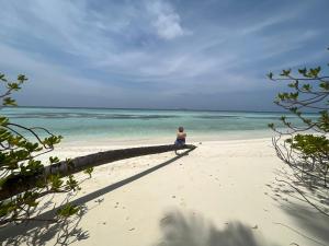 a person sitting on a log on the beach at Dive Villa One Ocean in Gemanafushi