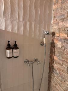 a shower in a bathroom with two bottles on the wall at Location atypique village olmeto in Olmeto +14 photos