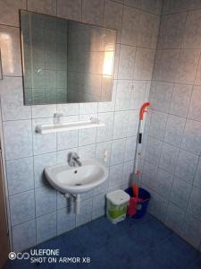 a bathroom with a sink and a mirror and a mop at Room in Lopar with Balcony, WIFI 4620-96 in Lopar