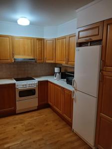 a kitchen with a white refrigerator and wooden cabinets at 3 rum och kök 3 bäddar in Ruda