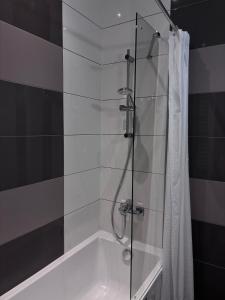 a bathroom with a shower with a glass door at DiDi Apartament Centrum in Nowy Targ