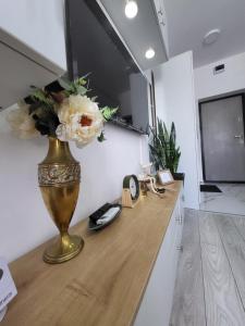 a vase with flowers on a counter in a kitchen at Studio Helen in Onești