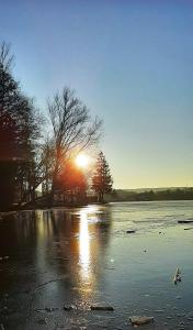 a sunset over a frozen lake with the sun setting at Bungalow direkt am See, mit eigenem Boot in Roding +77 photos