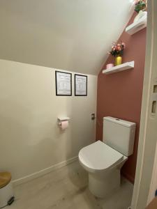 a bathroom with a toilet with two pictures on the wall at Le petit refuge in Saint-Béron