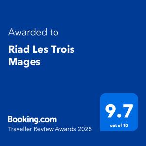 Certifikát, hodnocení, plakát nebo jiný dokument vystavený v ubytování Riad Les Trois Mages