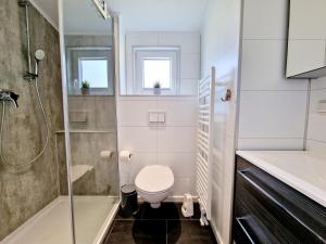 a bathroom with a toilet and a shower and a sink at Ostseeferienpark Walkyrien - Kapitän 22 in Schashagen