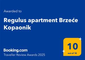 Certifikát, ocenenie alebo iný dokument vystavený v ubytovaní Regulus apartment Brzeće Kopaonik