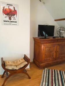 ein Wohnzimmer mit Fernseher und Sessel in der Unterkunft Villa coco 9 personnes jardin proche Beauval in La Vernelle