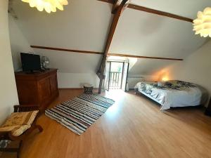 ein Dachzimmer mit einem Bett und einem Fernseher in der Unterkunft Villa coco 9 personnes jardin proche Beauval in La Vernelle