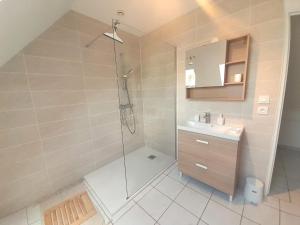 ein Badezimmer mit Dusche und Waschbecken in der Unterkunft Belle Maison 8 pers Vatan centre in Vatan + 38 Fotos