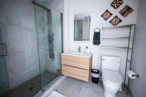 een badkamer met een douche, een toilet en een wastafel bij StudioAprt QueenBed,WiFi,WD,Parking,Gym in Philadelphia