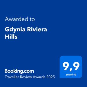 a blue text box with the words awarded to gopolina rivota refugee at Gdynia Riviera Hills in Gdynia