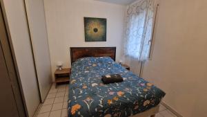 ein kleines Schlafzimmer mit einem Bett mit einer blauen Bettdecke in der Unterkunft Cosy appartement Beaux-Art à 5min du Corum in Montpellier