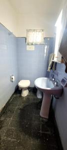 une salle de bain bleue avec des toilettes et un lavabo dans l'établissement Casa tipo Chalet a 50m de la Playa en SantaTeresita, à Santa Teresita