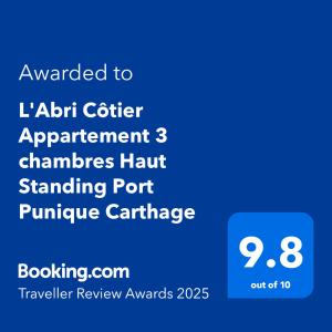 Certifikát, hodnocení, plakát nebo jiný dokument vystavený v ubytování "L'Abri Côtier" Appartement 3 chambres Haut Standing Port Punique Carthage