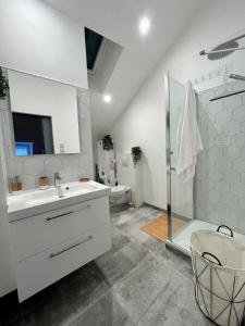 a white bathroom with a sink and a shower at Chtx-Style ancien - Fibre - Commerces - Transports in Châteauroux