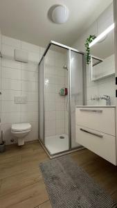 Un baño con ducha de cristal y un inodoro. en Appartement Montreux au bord du lac, en Montreux