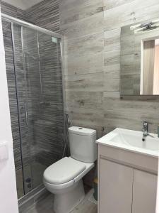 a bathroom with a toilet and a shower and a sink at Casa da Aldeia in Alcácer do Sal