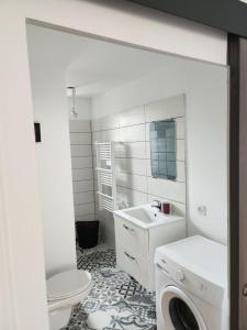 un bagno con un lavandino del water e una lavatrice di la maison de Léna a La Bachellerie