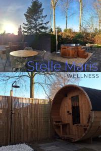 two pictures of a stable yard with a table and a fence at Stelle Maris Wellness, carefree enjoyment! Private Sauna & Hottub in Zeeland, Airco, Free Wifi and more! in Heinkensand