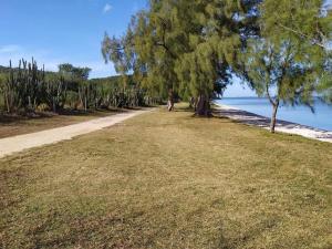 einen Fußweg neben einem Strand mit Bäumen in der Unterkunft Casa para temporada em São Pedro da Aldeia Até 6 pessoas in São Pedro da Aldeia